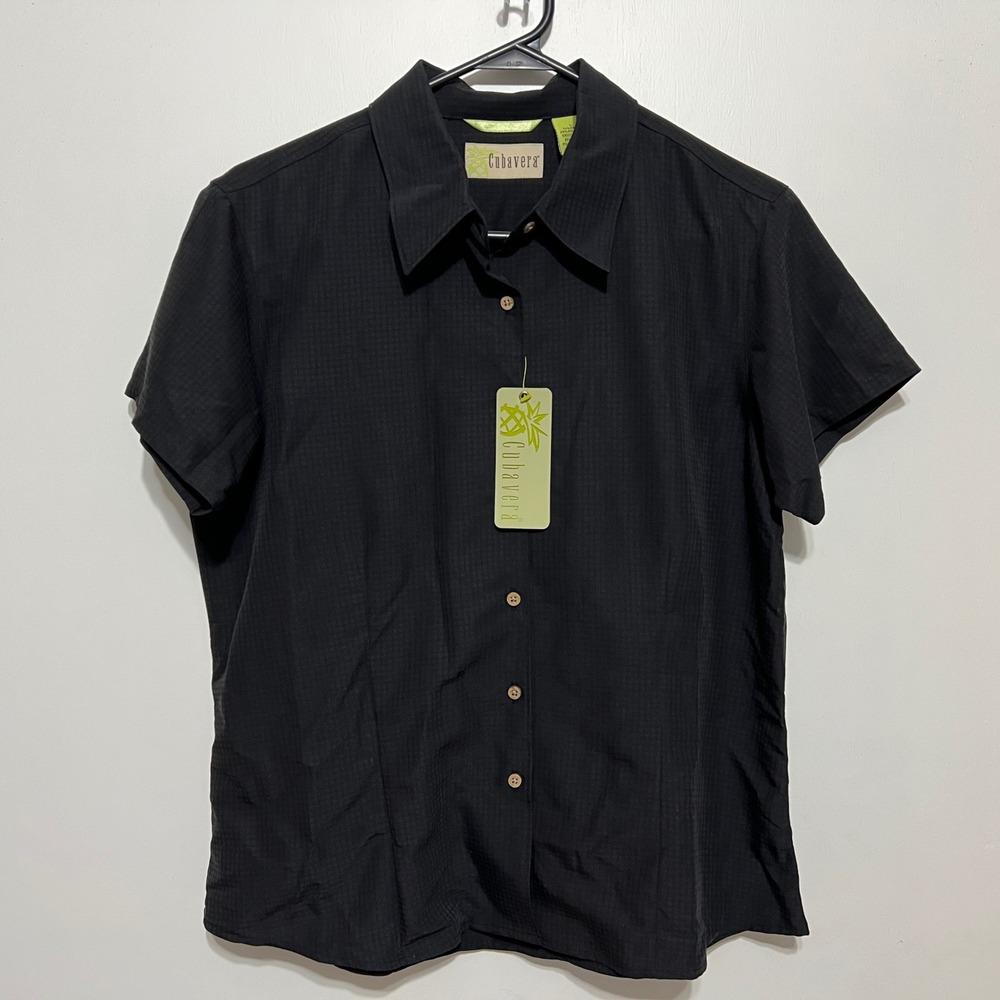 Cubavera Womens Short‎ Sleeve Button Up Shirt Black Textured Size L NWT